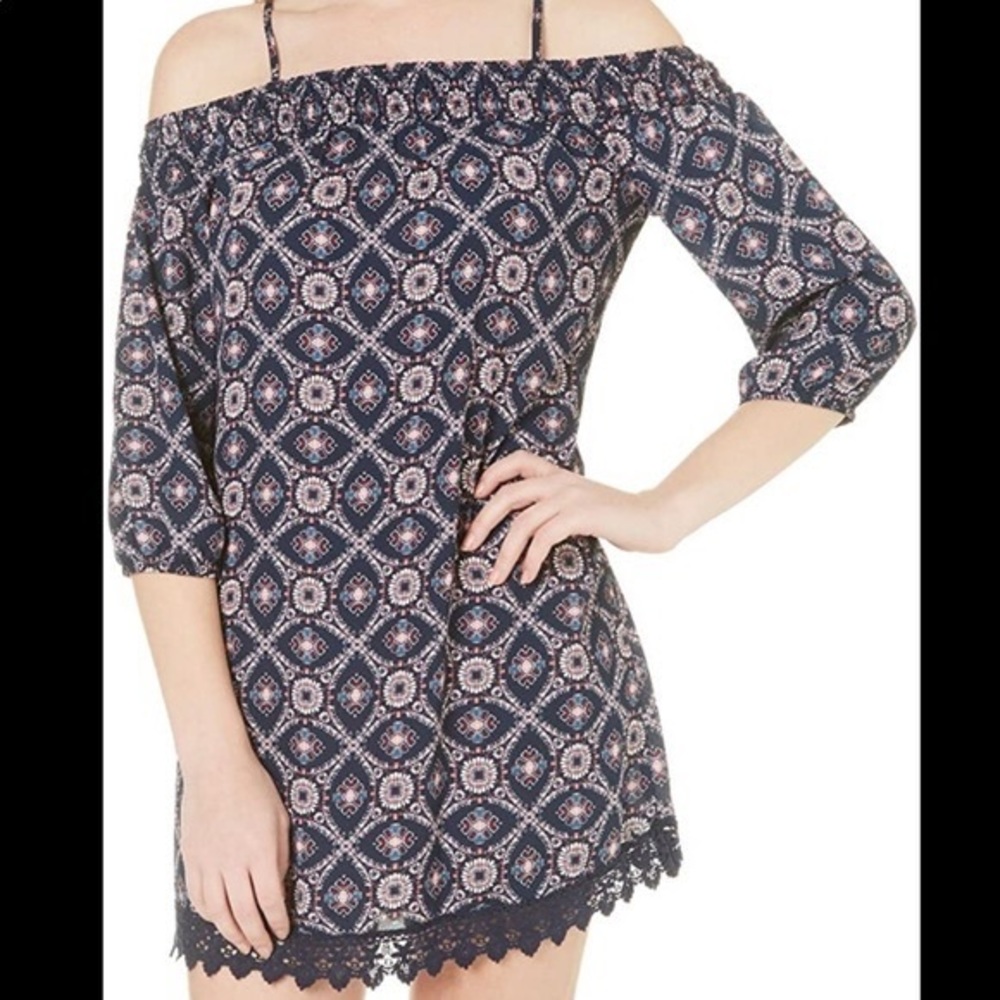 Trixxi Women's geometric print mini dress cold shoulder dark blue